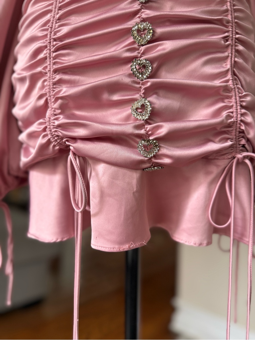 Rose Pink Satin Ruched Mini Dress with Long Sleeves - Picture 4 of 8